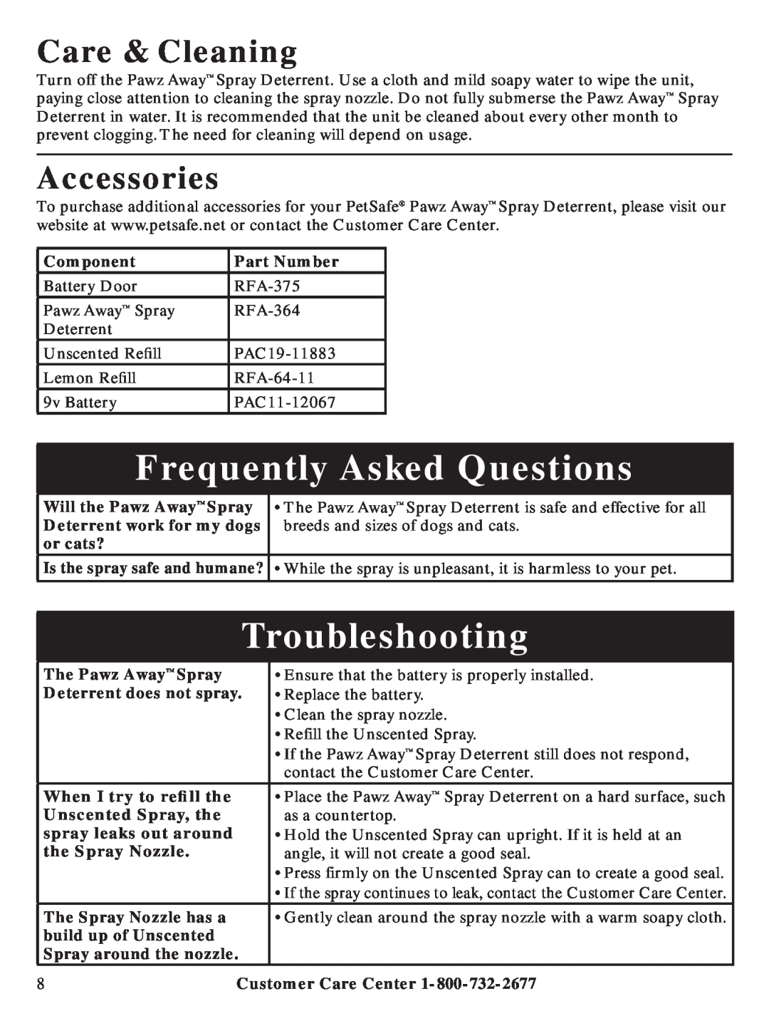 Petsafe PDT00-11312 manual Frequently Asked Questions, Troubleshooting, Care & Cleaning, Accessories 