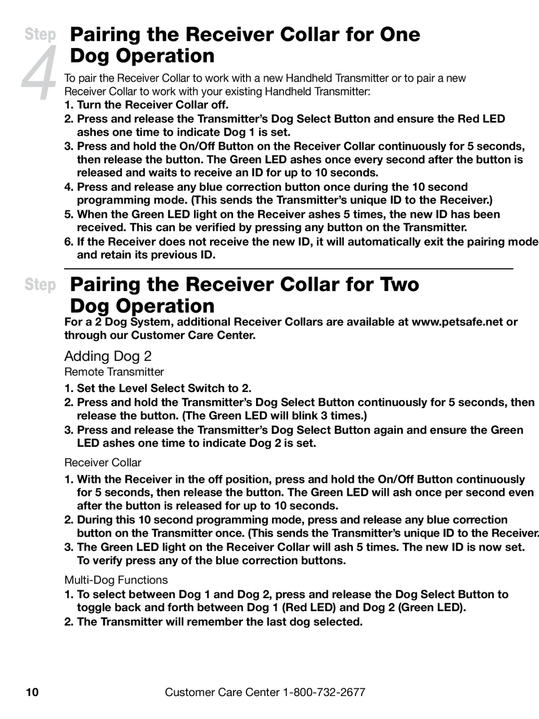 Petsafe PAC00-12893 Pairing the Receiver Collar for One Dog Operation, Pairing the Receiver Collar for Two Dog Operation 