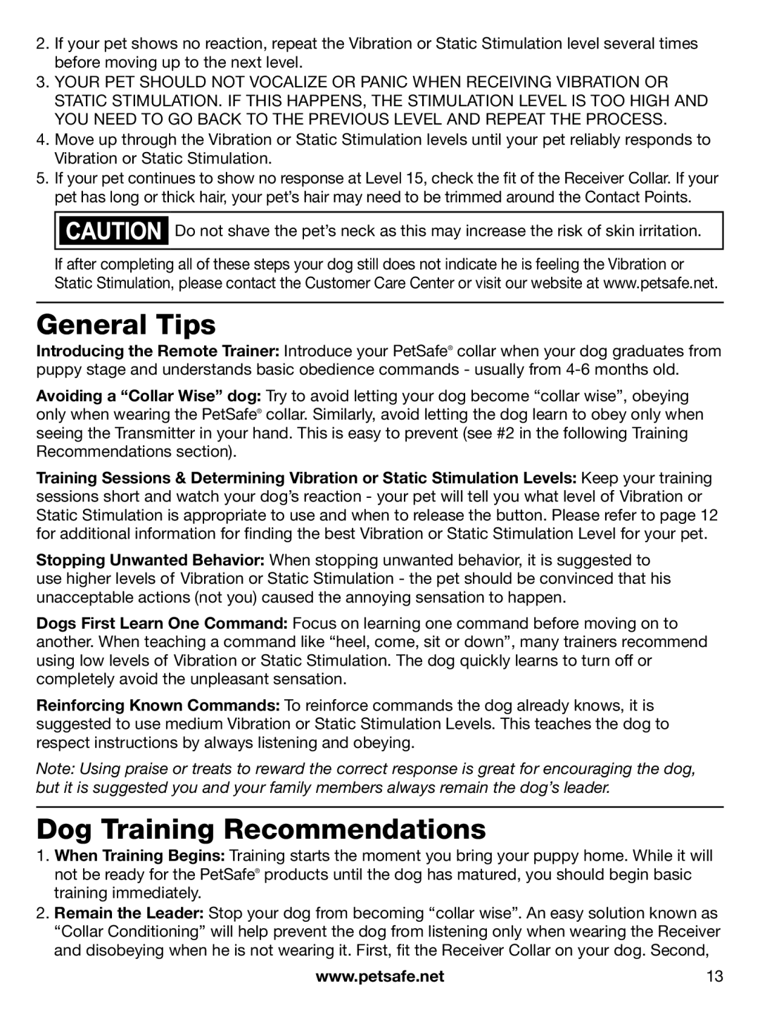 Petsafe PDT00-12892, PDT00-12894, PAC00-12893, PAC00-12914 manual General Tips, Dog Training Recommendations 