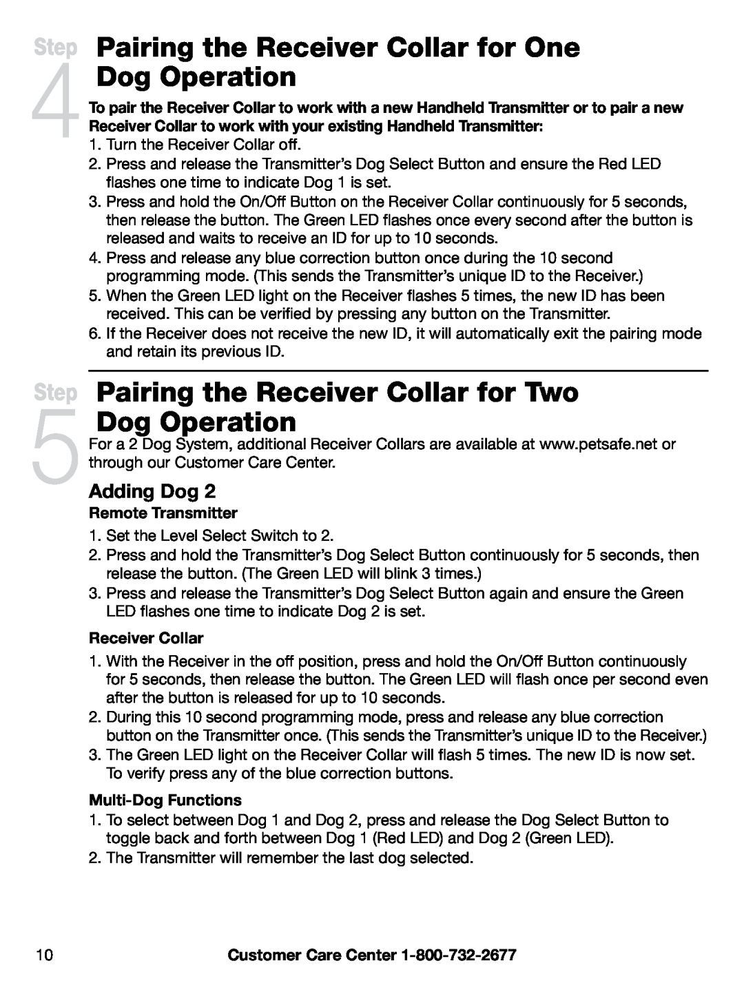 Petsafe PAC00-12893 Pairing the Receiver Collar for One Dog Operation, Pairing the Receiver Collar for Two Dog Operation 