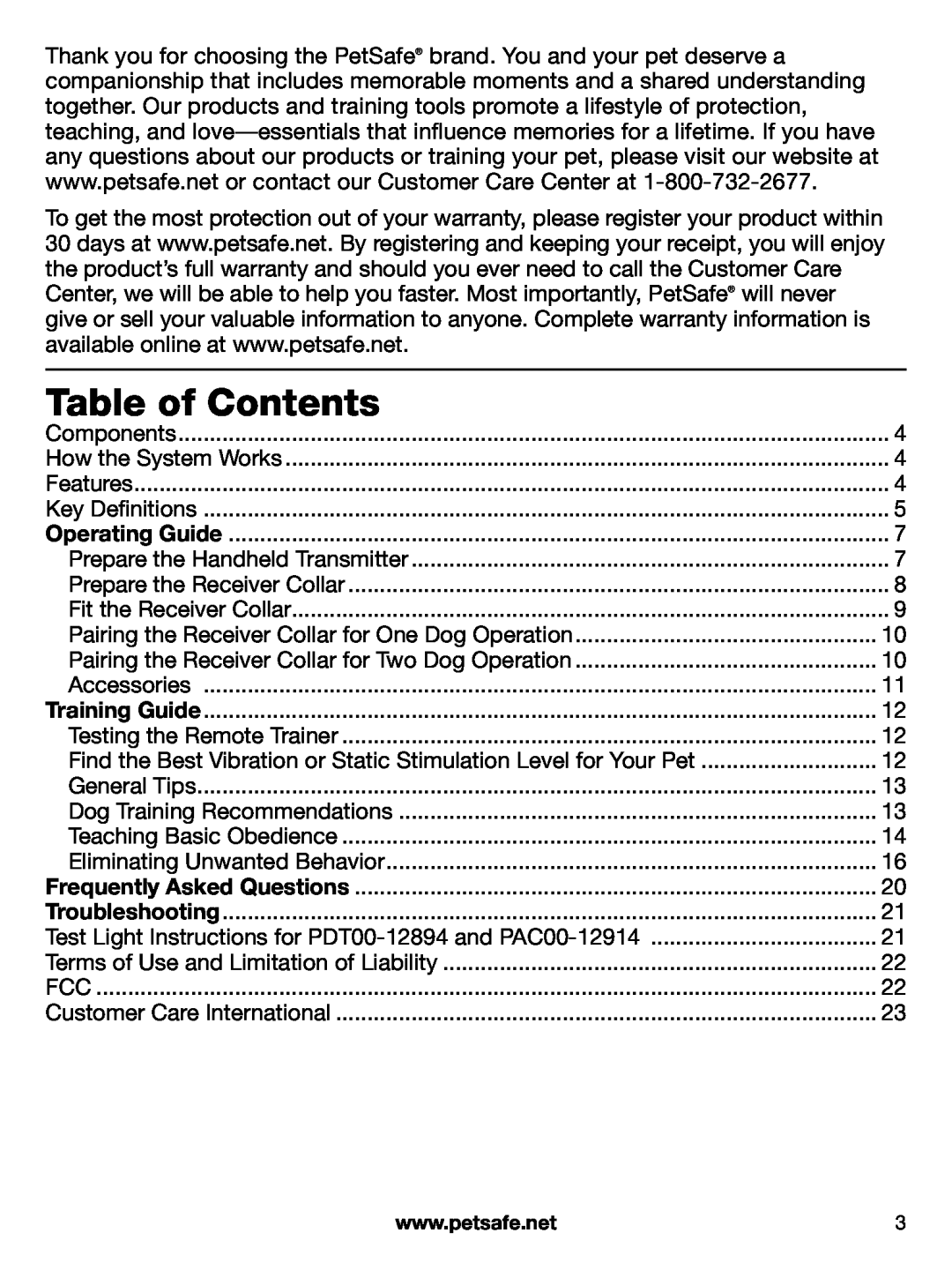 Petsafe PAC00-12914, PDT00-12894, PDT00-12892, PAC00-12893 manual Table of Contents 
