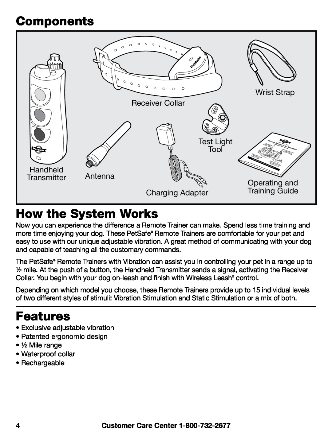 Petsafe PDT00-12894 Components, How the System Works, Features, Wrist Strap, Receiver Collar, Antenna, Charging Adapter 