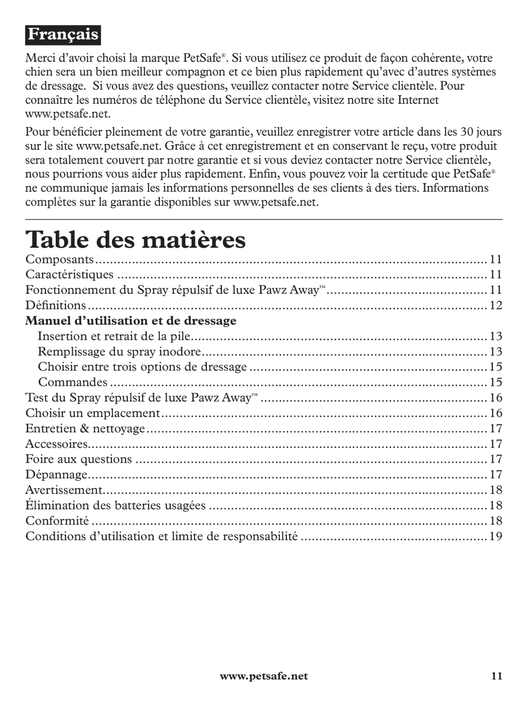 Petsafe PDT19-11980 manuel dutilisation Table des matières, Manuel d’utilisation et de dressage 