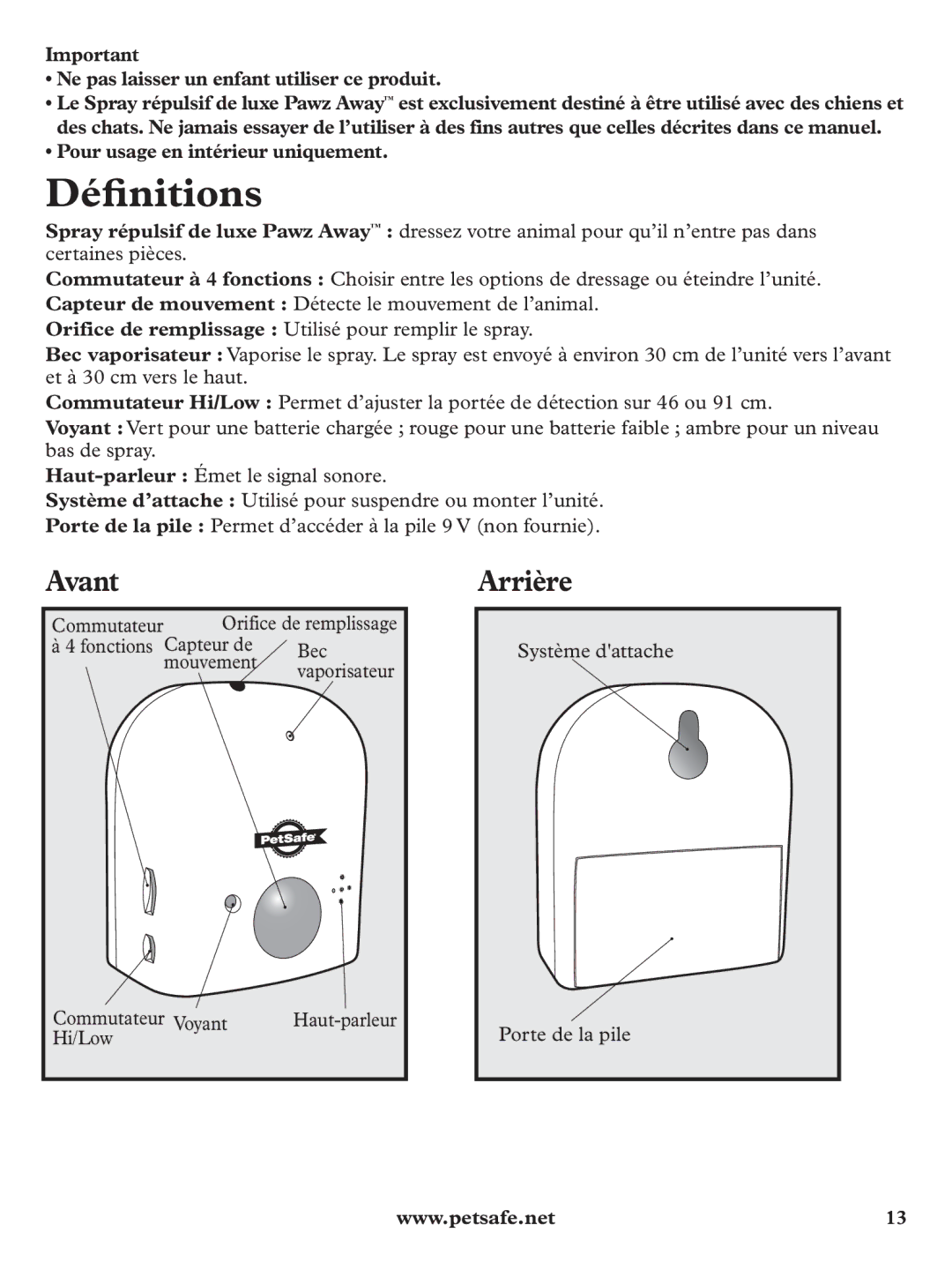 Petsafe PDT19-11980 manuel dutilisation Déﬁnitions, Avant, Arrière, Ne pas laisser un enfant utiliser ce produit 