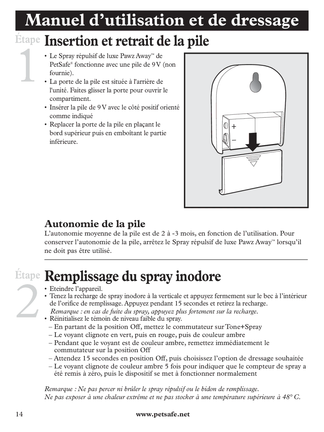 Petsafe PDT19-11980 Manuel d’utilisation et de dressage, Étape Insertion et retrait de la pile, Autonomie de la pile 