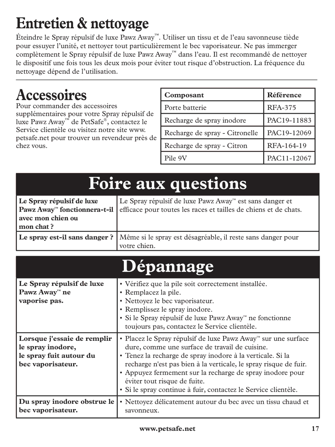 Petsafe PDT19-11980 manuel dutilisation Foire aux questions, Dépannage, Entretien & nettoyage, Accessoires 