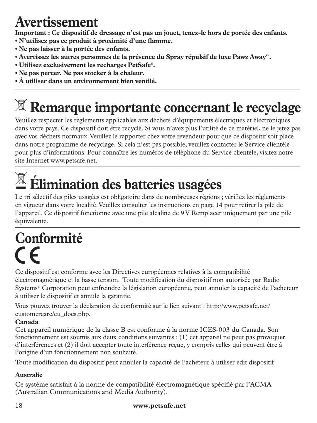 Petsafe PDT19-11980 manuel dutilisation Avertissement, Conformité, Élimination des batteries usagées, Australie 