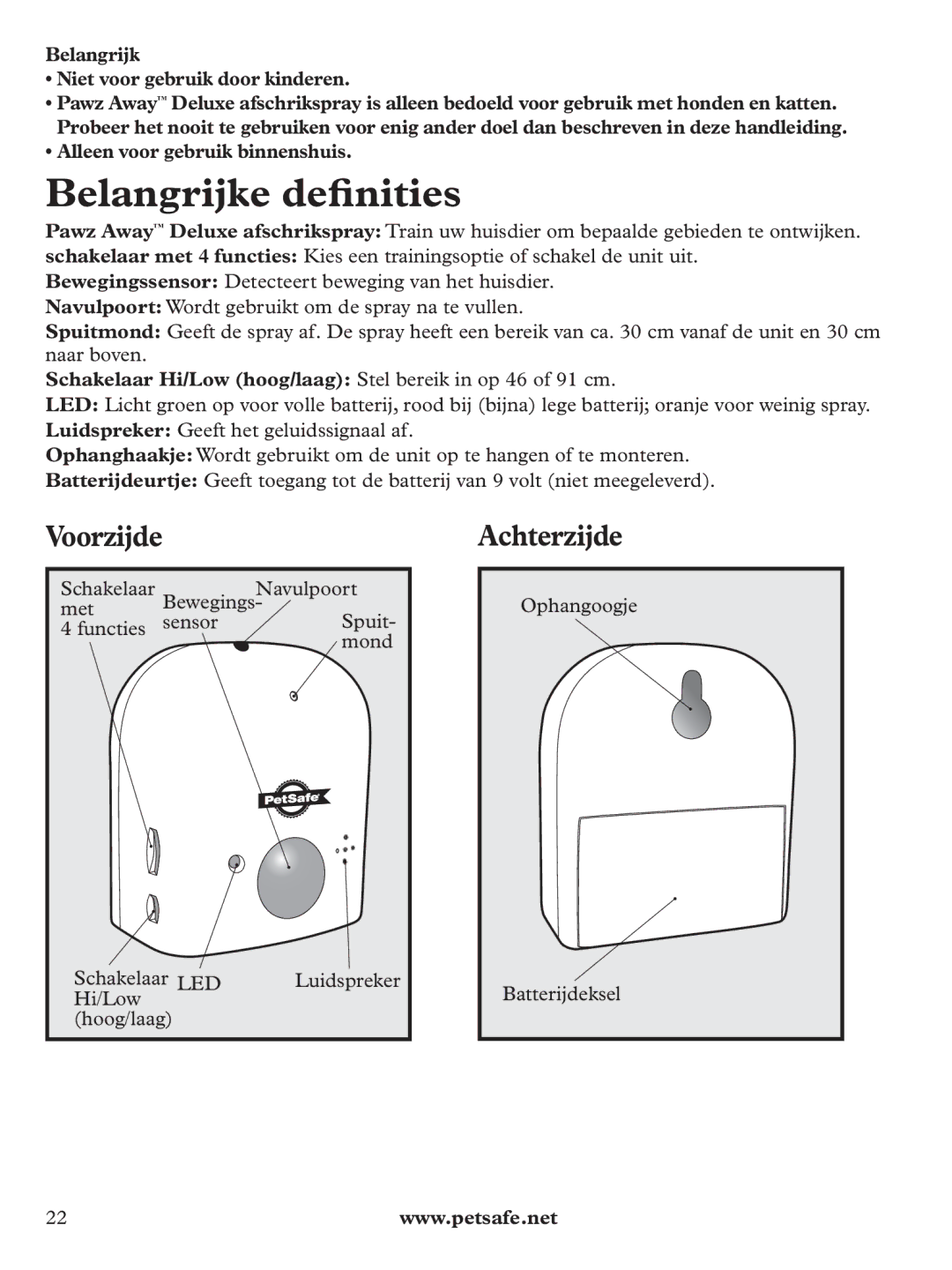 Petsafe PDT19-11980 manuel dutilisation Belangrijke deﬁnities, Voorzijde, Achterzijde 