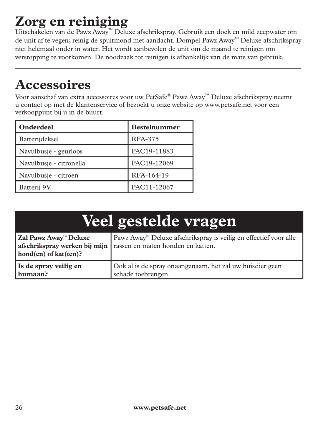 Petsafe PDT19-11980 manuel dutilisation Veel gestelde vragen, Zorg en reiniging, Accessoires, Onderdeel Bestelnummer 