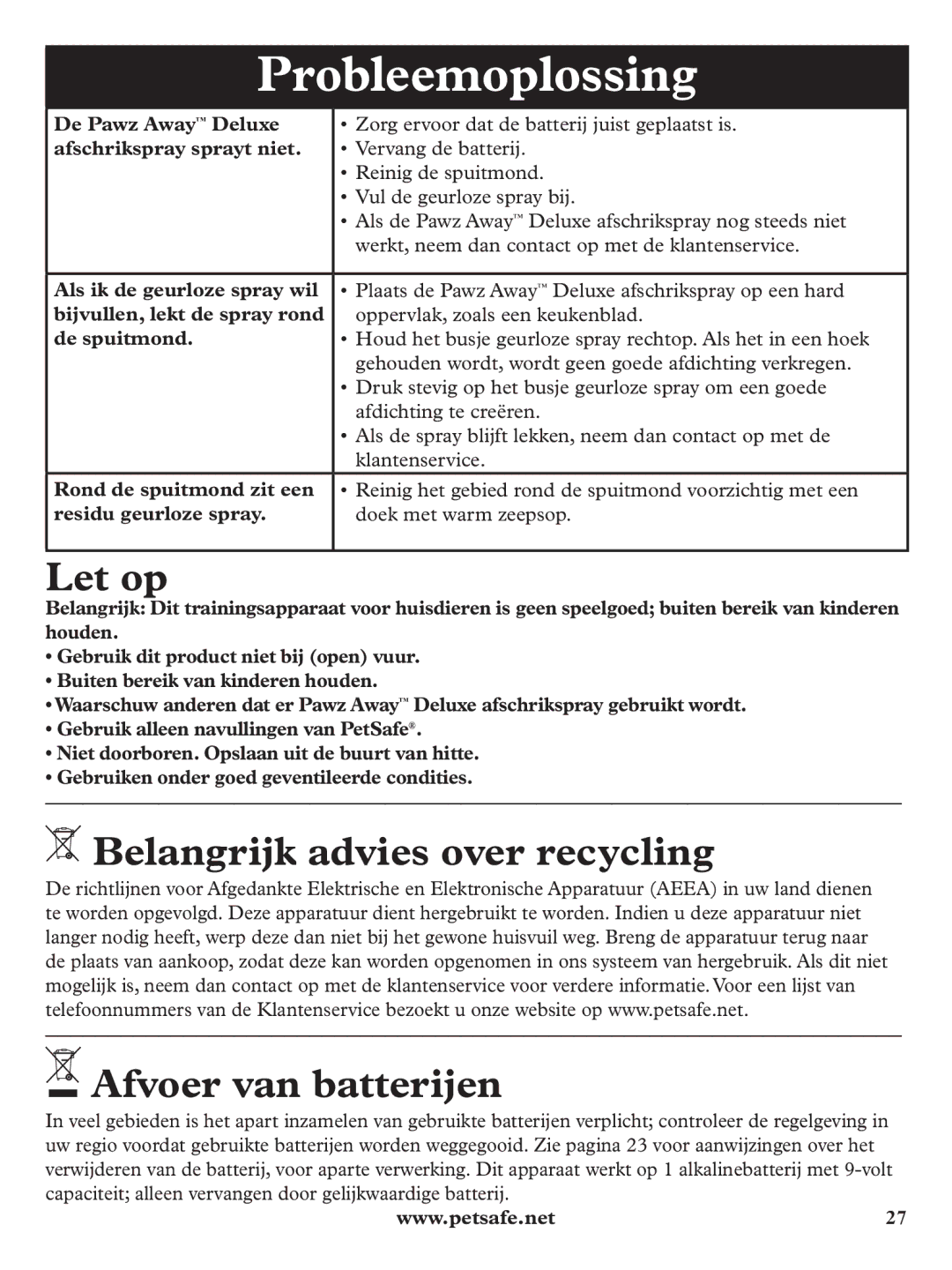 Petsafe PDT19-11980 manuel dutilisation Probleemoplossing, Let op, Belangrijk advies over recycling, Afvoer van batterijen 