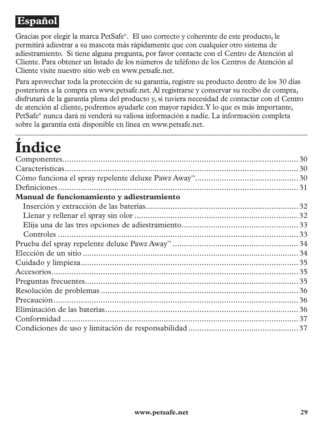 Petsafe PDT19-11980 manuel dutilisation Índice, Manual de funcionamiento y adiestramiento 