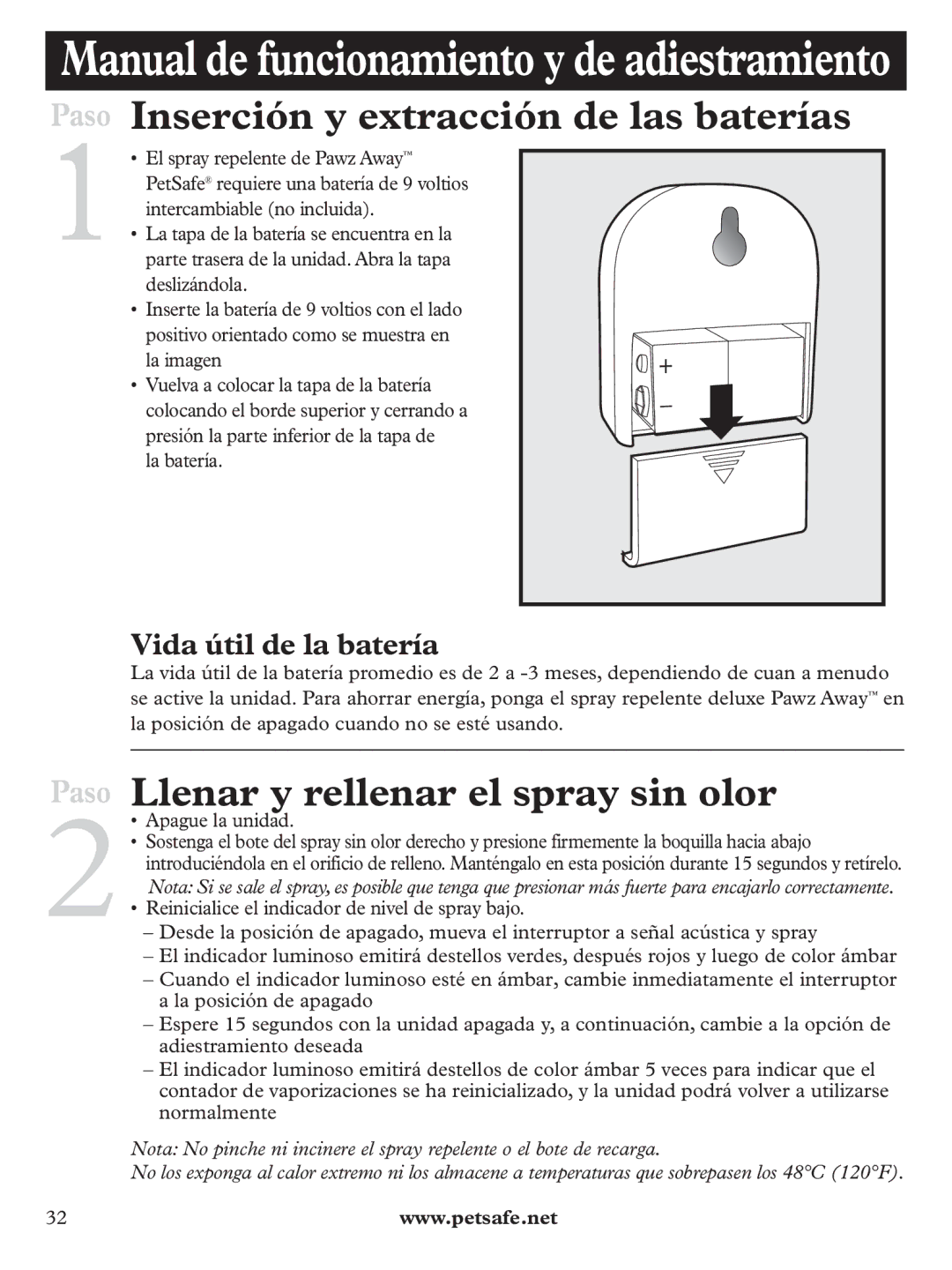 Petsafe PDT19-11980 manuel dutilisation Paso Inserción y extracción de las baterías, Llenar y rellenar el spray sin olor 