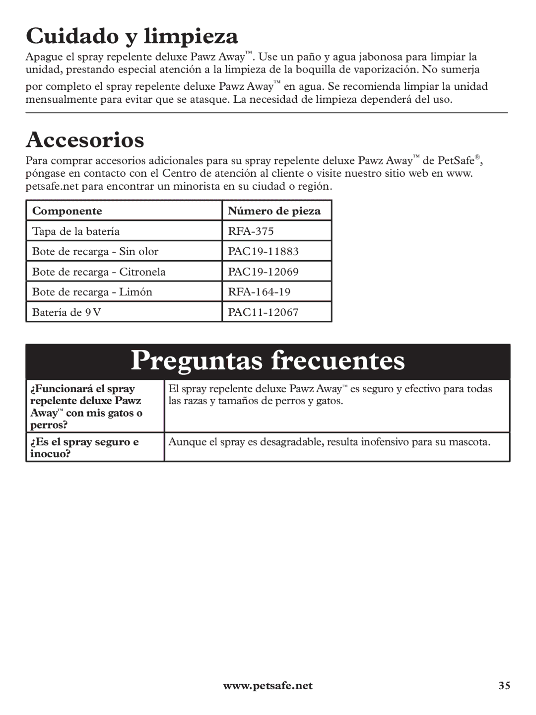 Petsafe PDT19-11980 manuel dutilisation Preguntas frecuentes, Cuidado y limpieza, Accesorios, Componente Número de pieza 