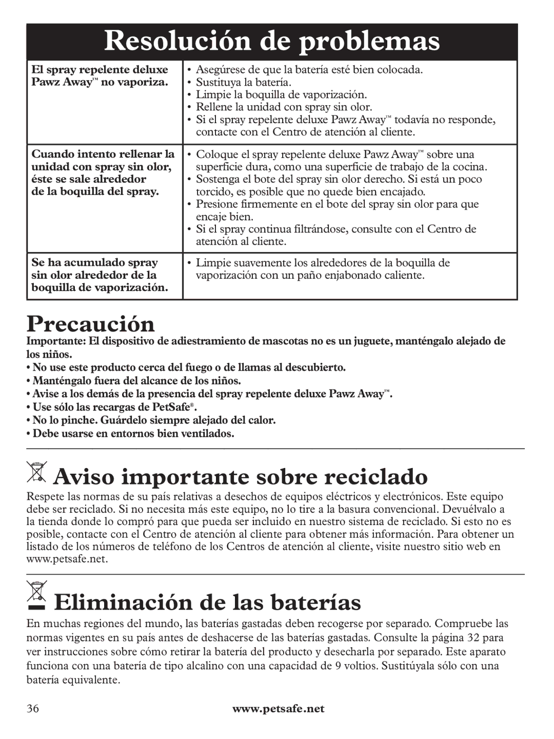 Petsafe PDT19-11980 Resolución de problemas, Precaución, Aviso importante sobre reciclado, Eliminación de las baterías 