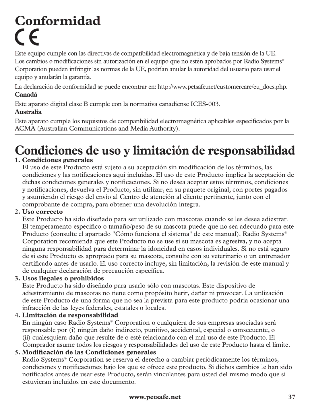 Petsafe PDT19-11980 manuel dutilisation Conformidad, Condiciones de uso y limitación de responsabilidad 