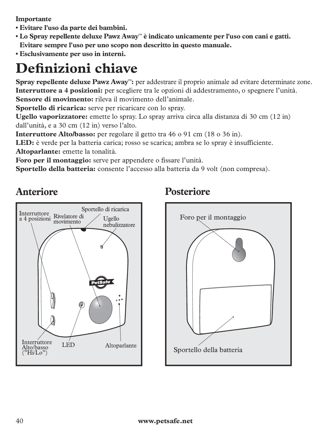 Petsafe PDT19-11980 manuel dutilisation Deﬁnizioni chiave, Anteriore, Posteriore 