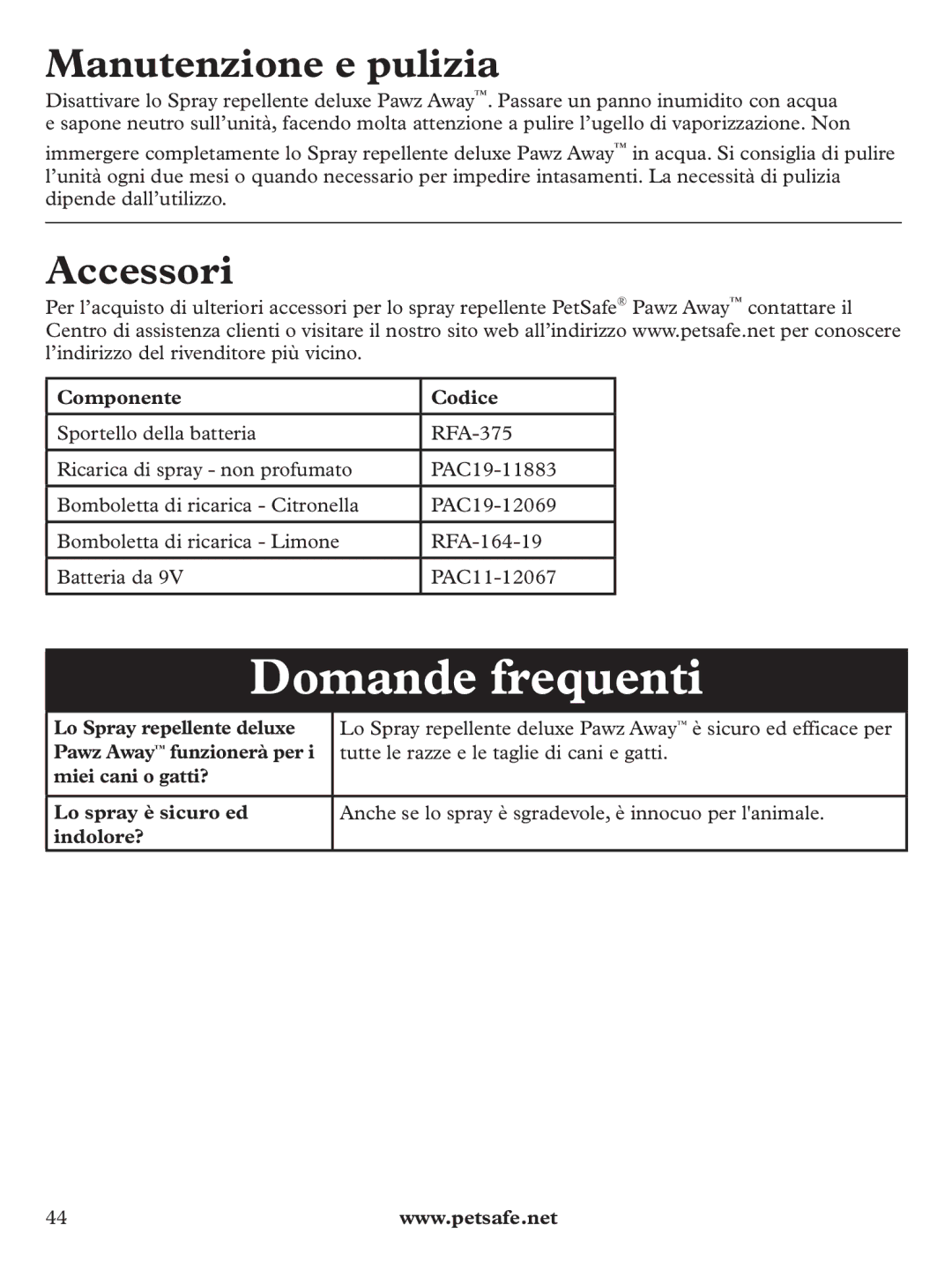 Petsafe PDT19-11980 manuel dutilisation Domande frequenti, Manutenzione e pulizia, Accessori, Componente Codice 