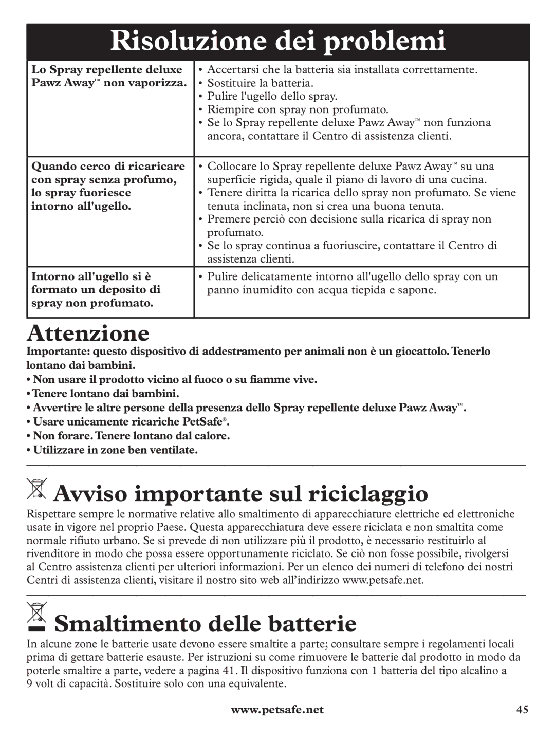 Petsafe PDT19-11980 Risoluzione dei problemi, Attenzione, Avviso importante sul riciclaggio, Smaltimento delle batterie 