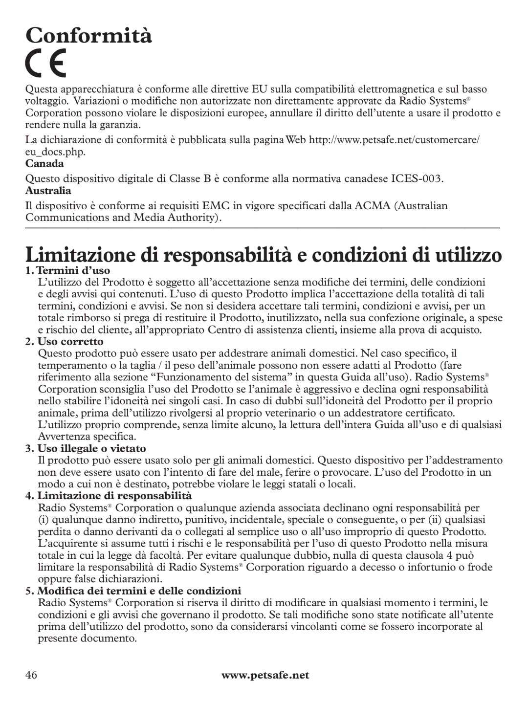 Petsafe PDT19-11980 manuel dutilisation Conformità, Limitazione di responsabilità e condizioni di utilizzo 