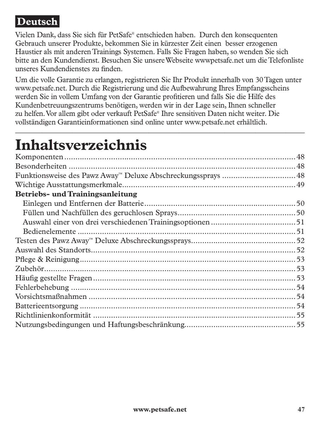 Petsafe PDT19-11980 manuel dutilisation Inhaltsverzeichnis, Betriebs- und Trainingsanleitung 