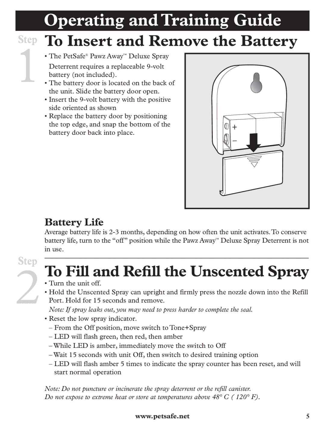 Petsafe PDT19-11980 Operating and Training Guide, To Insert and Remove the Battery, To Fill and Reﬁll the Unscented Spray 