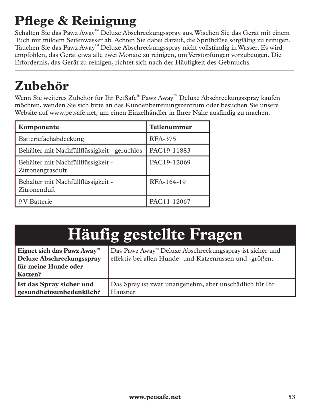 Petsafe PDT19-11980 manuel dutilisation Häufig gestellte Fragen, Pﬂege & Reinigung, Zubehör, Komponente Teilenummer 