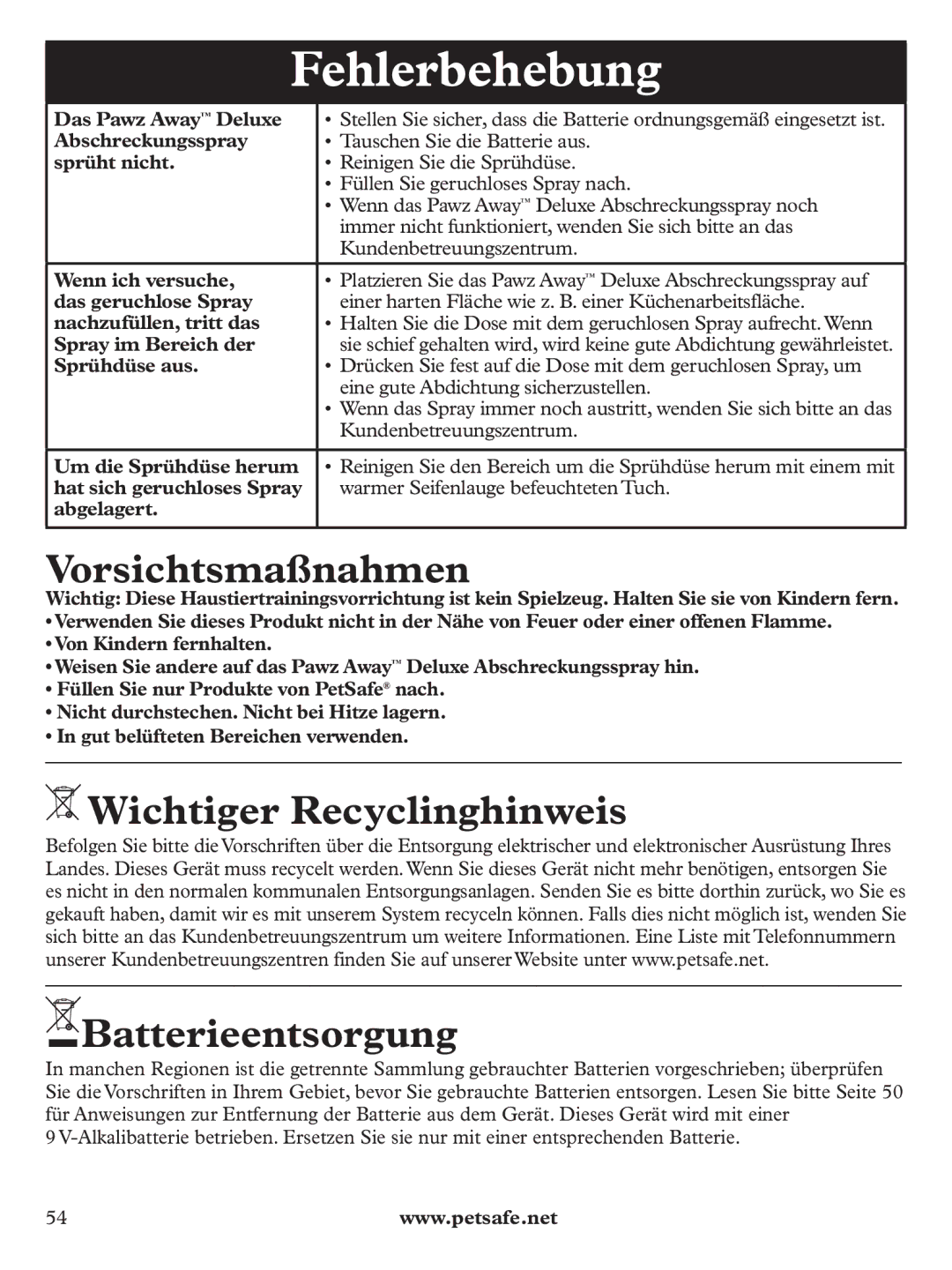 Petsafe PDT19-11980 manuel dutilisation Fehlerbehebung, Vorsichtsmaßnahmen, Wichtiger Recyclinghinweis, Batterieentsorgung 