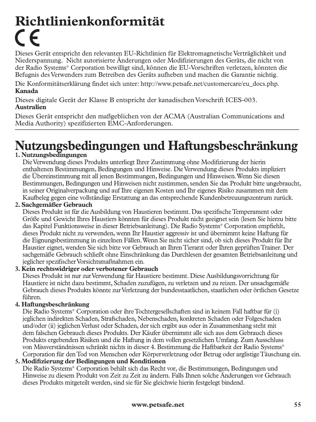 Petsafe PDT19-11980 manuel dutilisation Richtlinienkonformität, Nutzungsbedingungen und Haftungsbeschränkung 