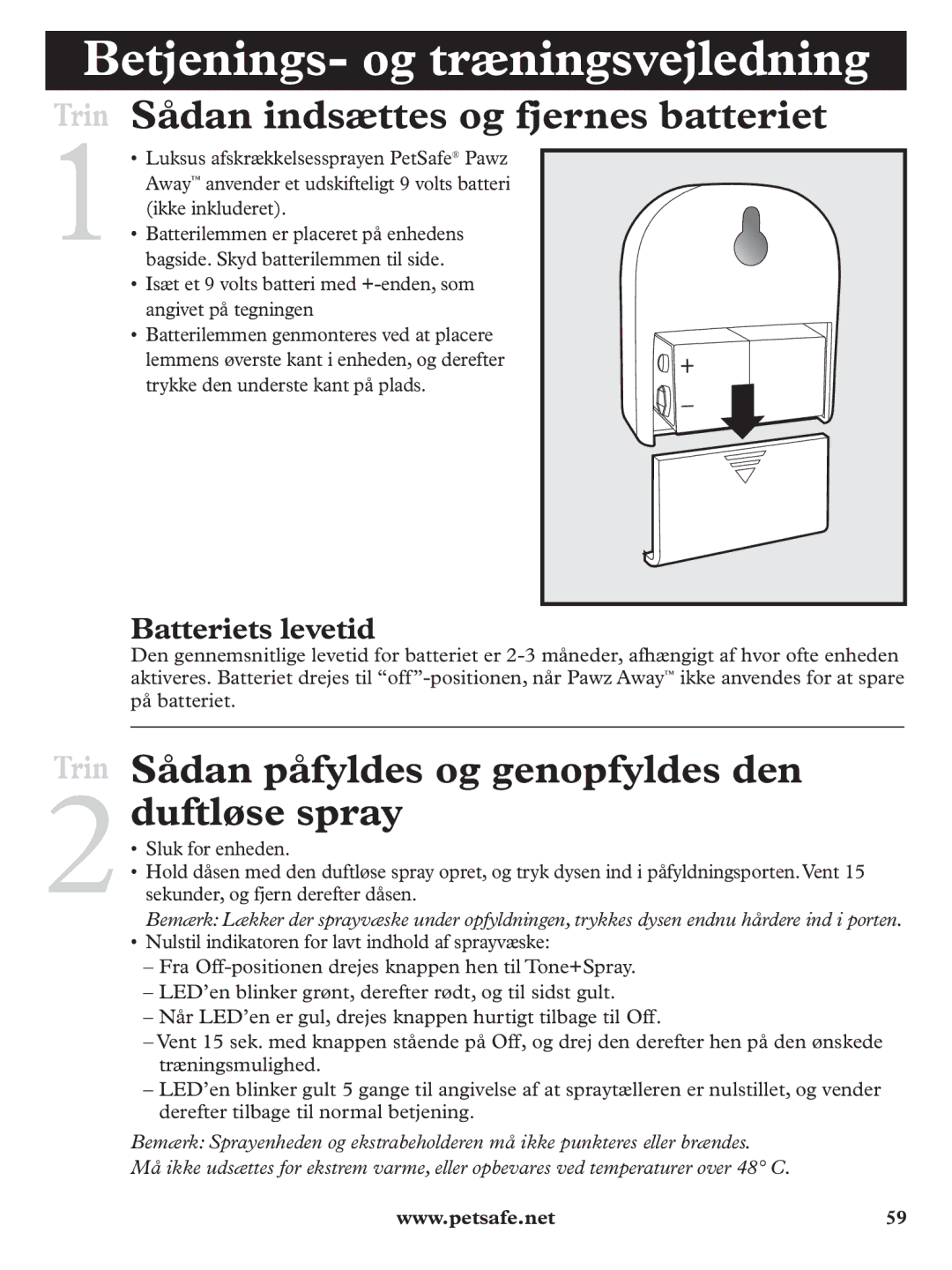 Petsafe PDT19-11980 Betjenings- og træningsvejledning, Trin Sådan indsættes og fjernes batteriet, Batteriets levetid 