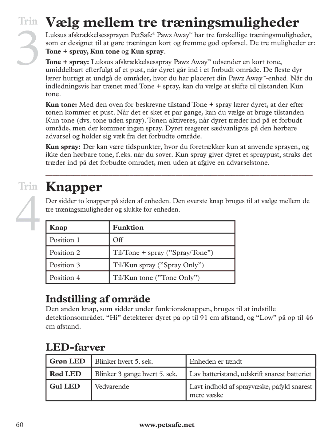 Petsafe PDT19-11980 manuel dutilisation Vælg mellem tre træningsmuligheder, Knapper, Indstilling af område, LED-farver 