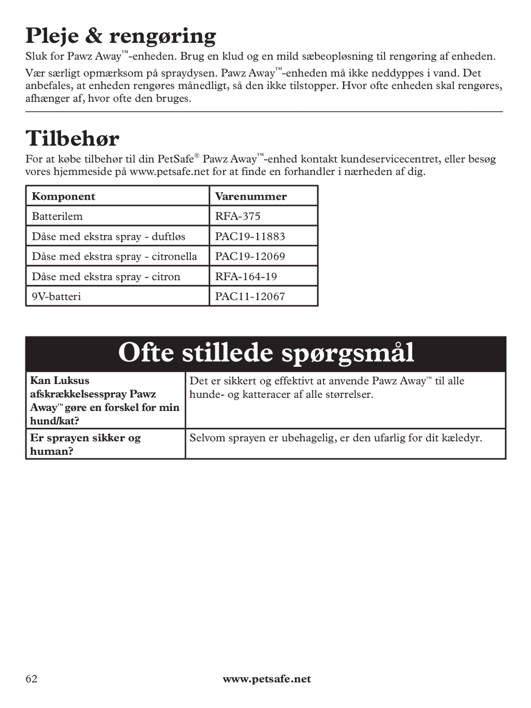 Petsafe PDT19-11980 manuel dutilisation Ofte stillede spørgsmål, Pleje & rengøring, Tilbehør, Komponent Varenummer 