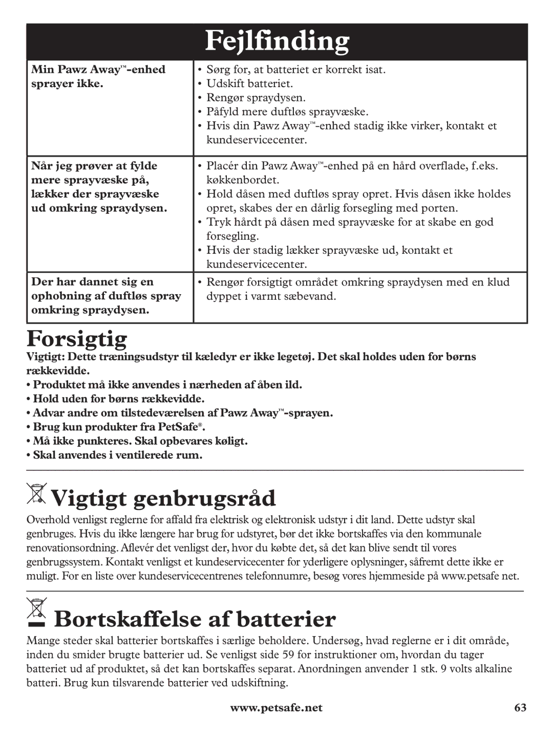 Petsafe PDT19-11980 manuel dutilisation Fejlfinding, Forsigtig, Vigtigt genbrugsråd, Bortskaffelse af batterier 