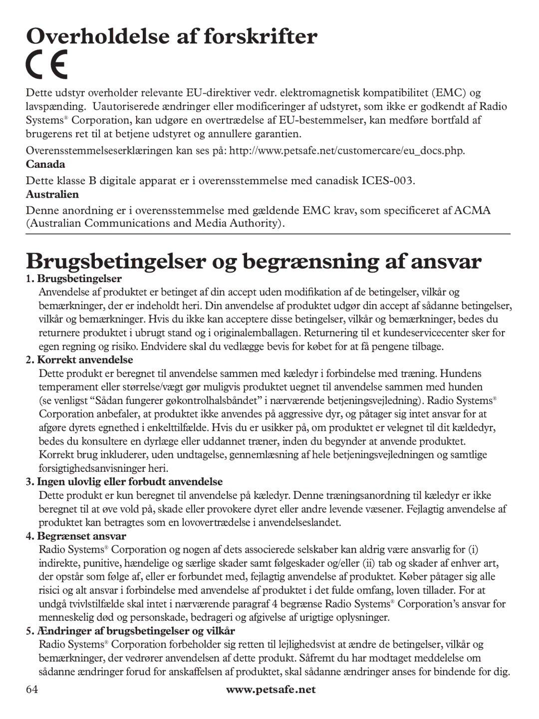 Petsafe PDT19-11980 manuel dutilisation Overholdelse af forskrifter, Brugsbetingelser og begrænsning af ansvar 