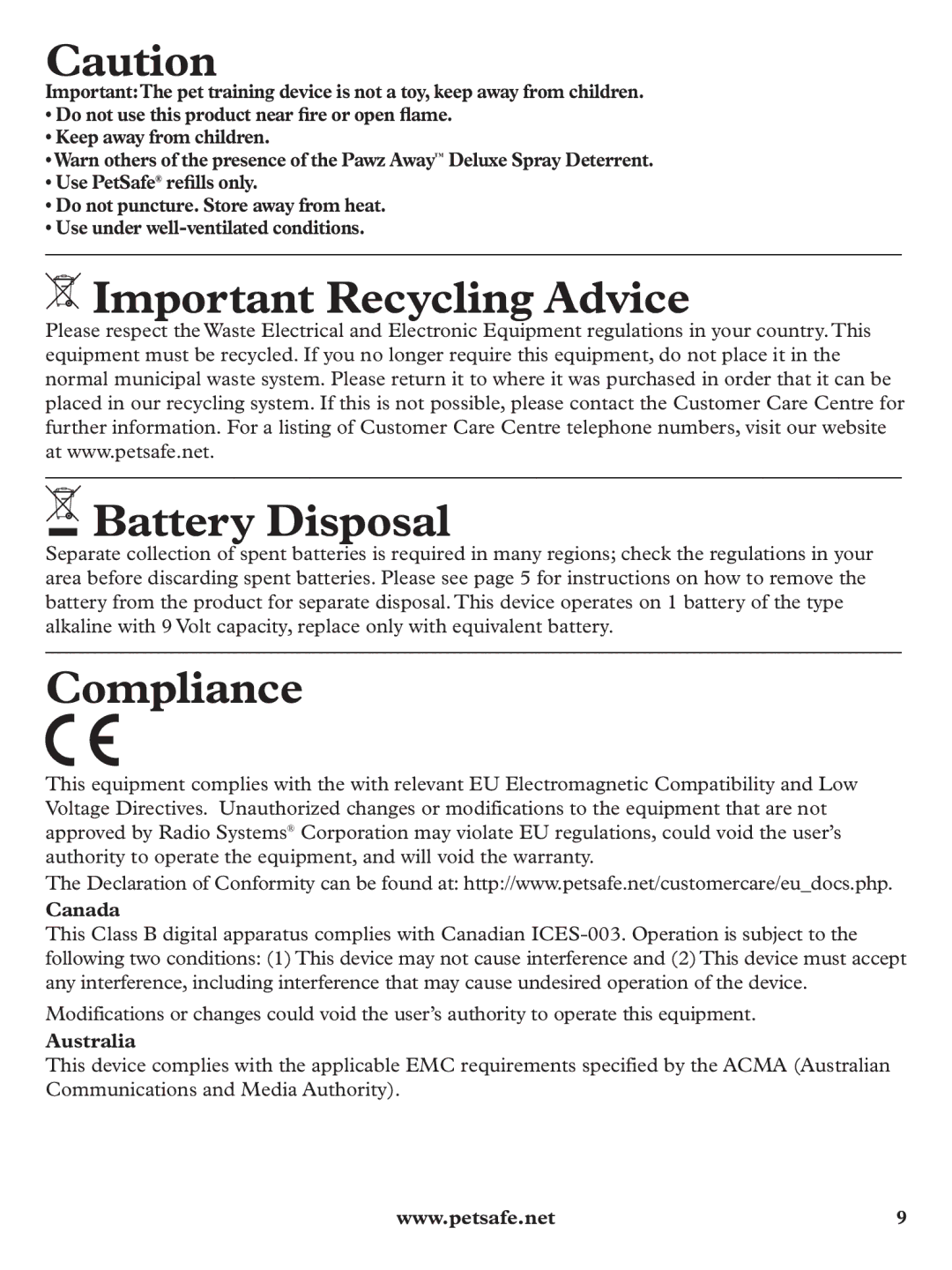 Petsafe PDT19-11980 manuel dutilisation Important Recycling Advice Battery Disposal, Compliance, Canada, Australia 