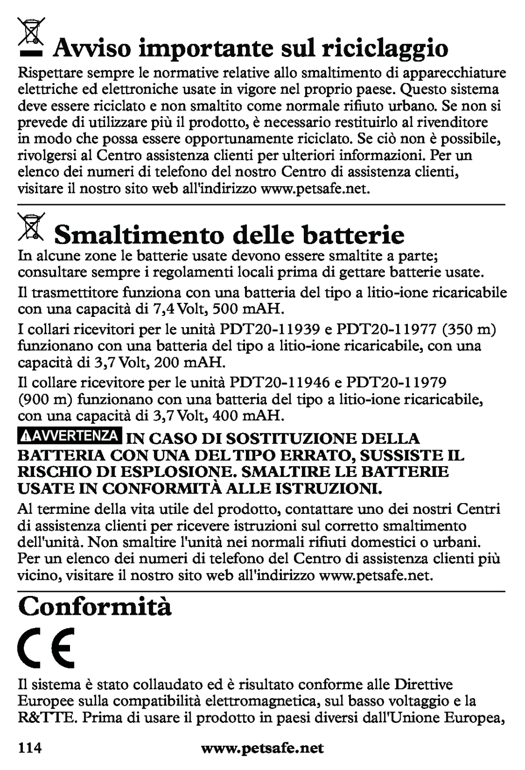 Petsafe PDT20-11939 manuel dutilisation Avviso importante sul riciclaggio, Smaltimento delle batterie, Conformità 