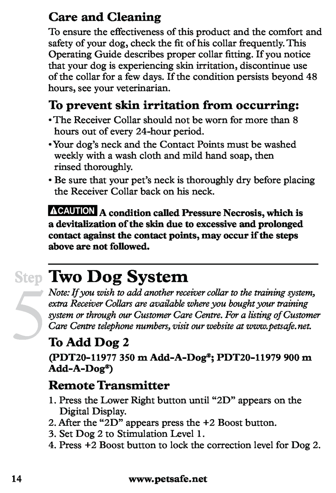 Petsafe PDT20-11939 Step Two Dog System, Care and Cleaning, To prevent skin irritation from occurring, To Add Dog 