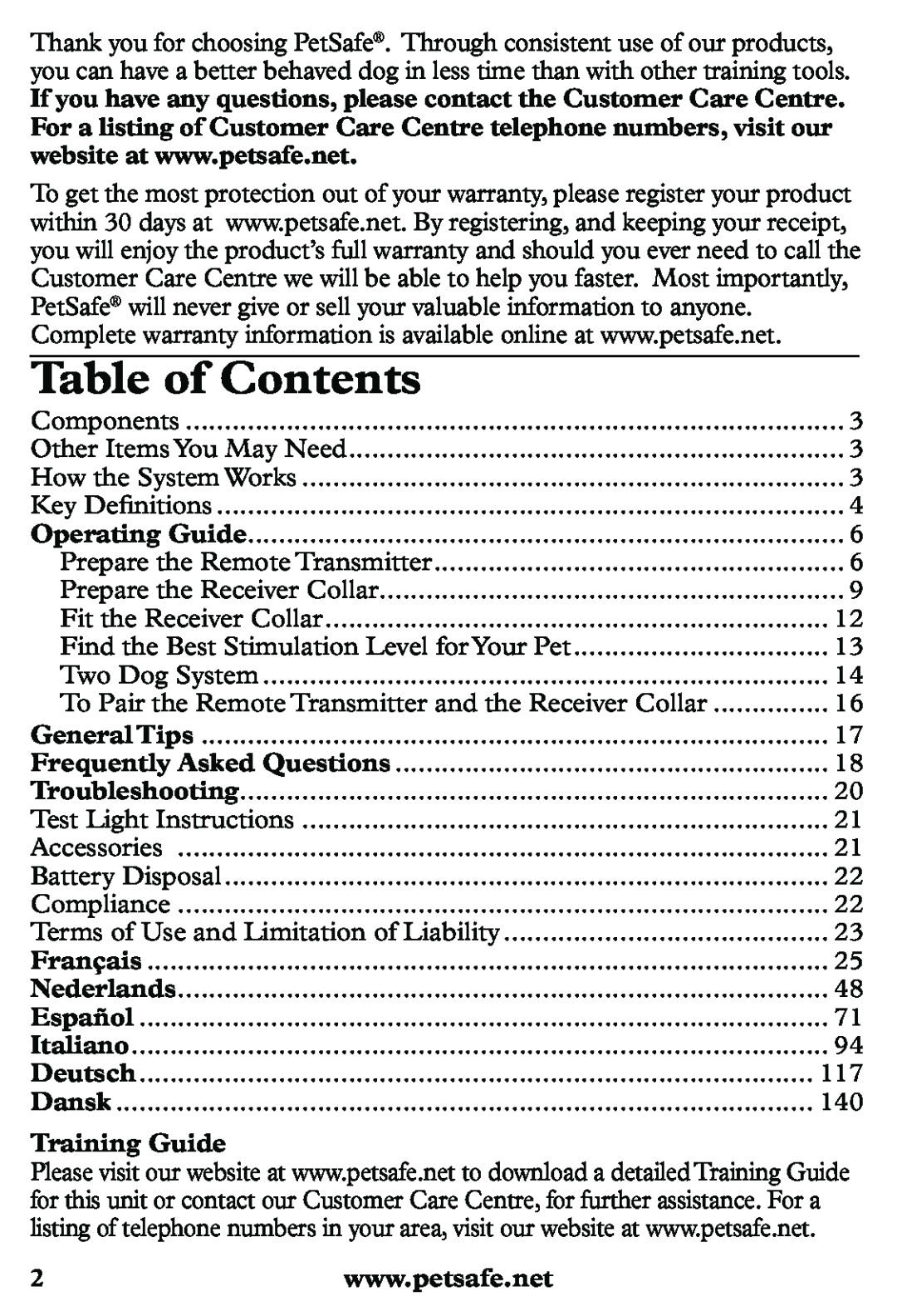 Petsafe PDT20-11939 manuel dutilisation Table of Contents, Training Guide 