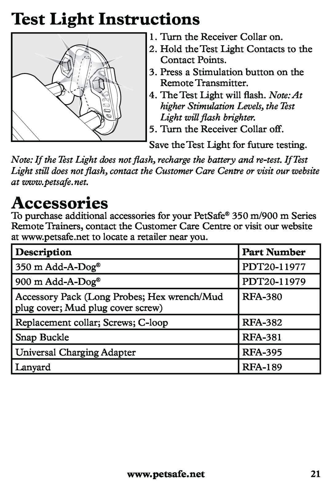 Petsafe PDT20-11939 manuel dutilisation Test Light Instructions, Accessories, Description, Part Number 