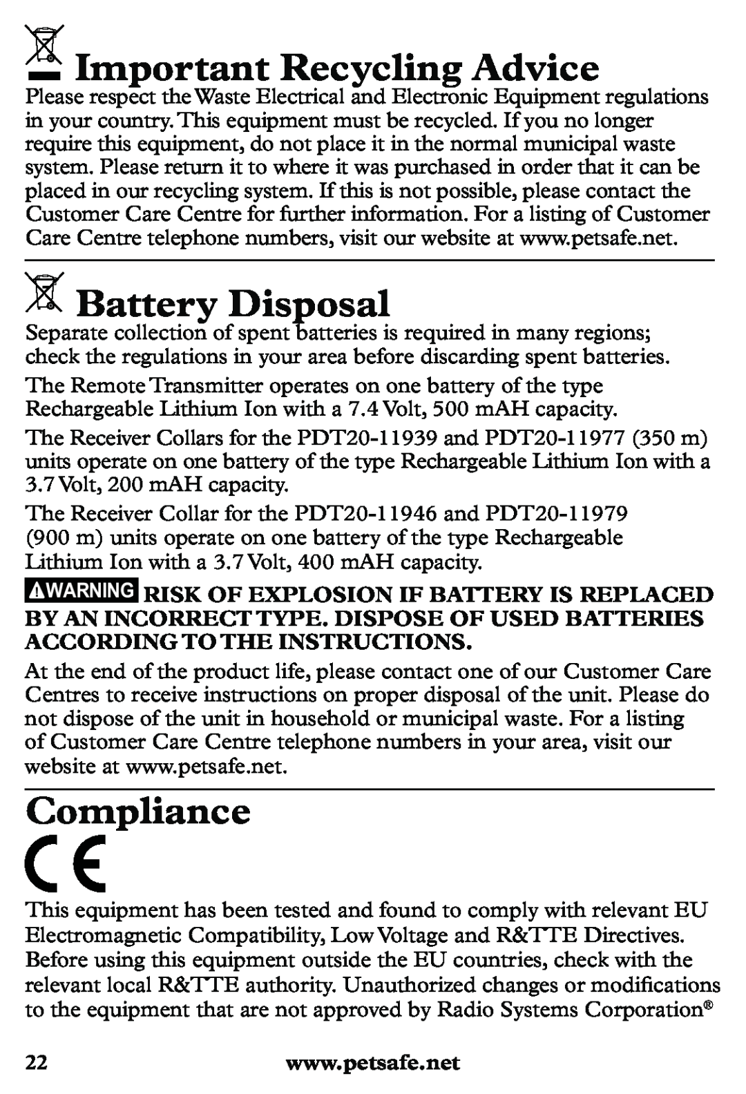 Petsafe PDT20-11939 manuel dutilisation Important Recycling Advice, Battery Disposal, Compliance 