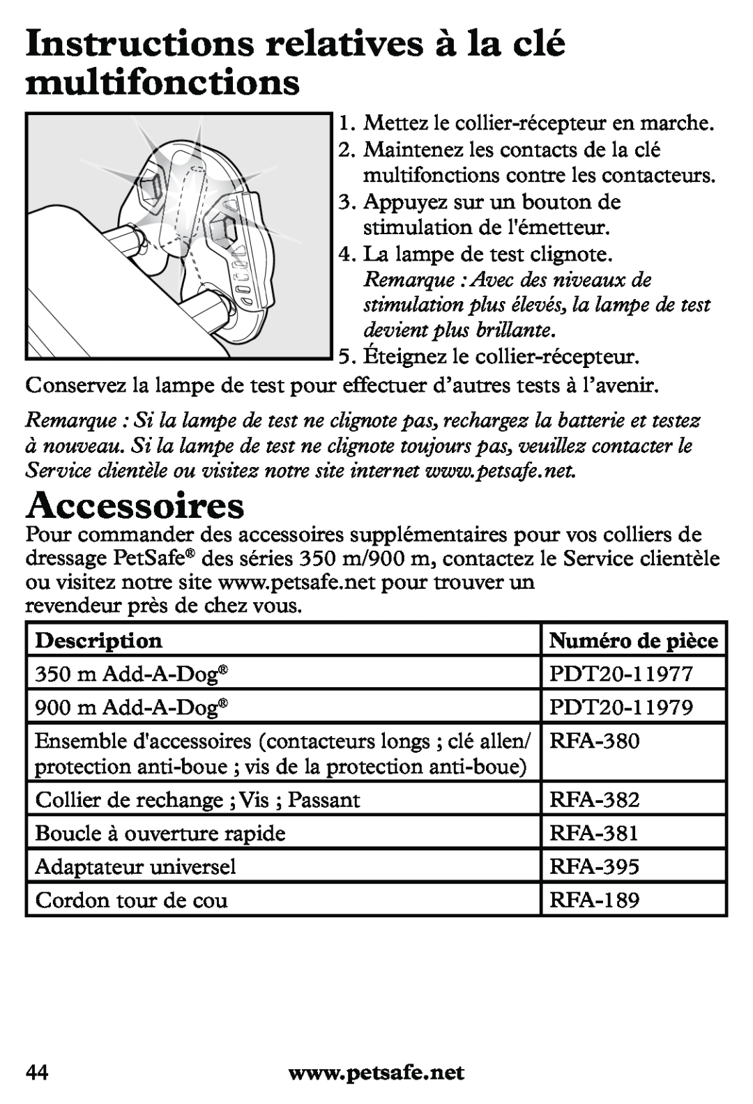 Petsafe PDT20-11939 Instructions relatives à la clé multifonctions, Accessoires, Description, Numéro de pièce 