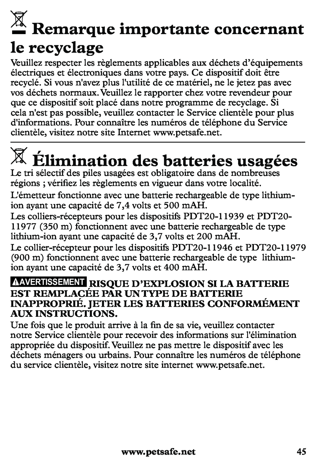 Petsafe PDT20-11939 manuel dutilisation Remarque importante concernant le recyclage, Élimination des batteries usagées 