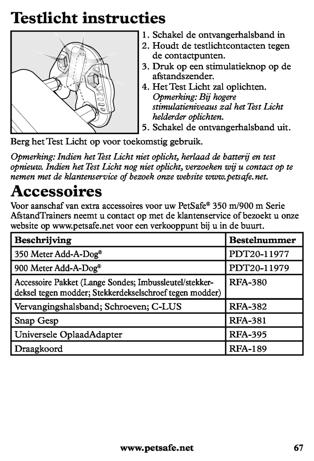 Petsafe PDT20-11939 manuel dutilisation Testlicht instructies, Beschrijving, Bestelnummer, Accessoires 