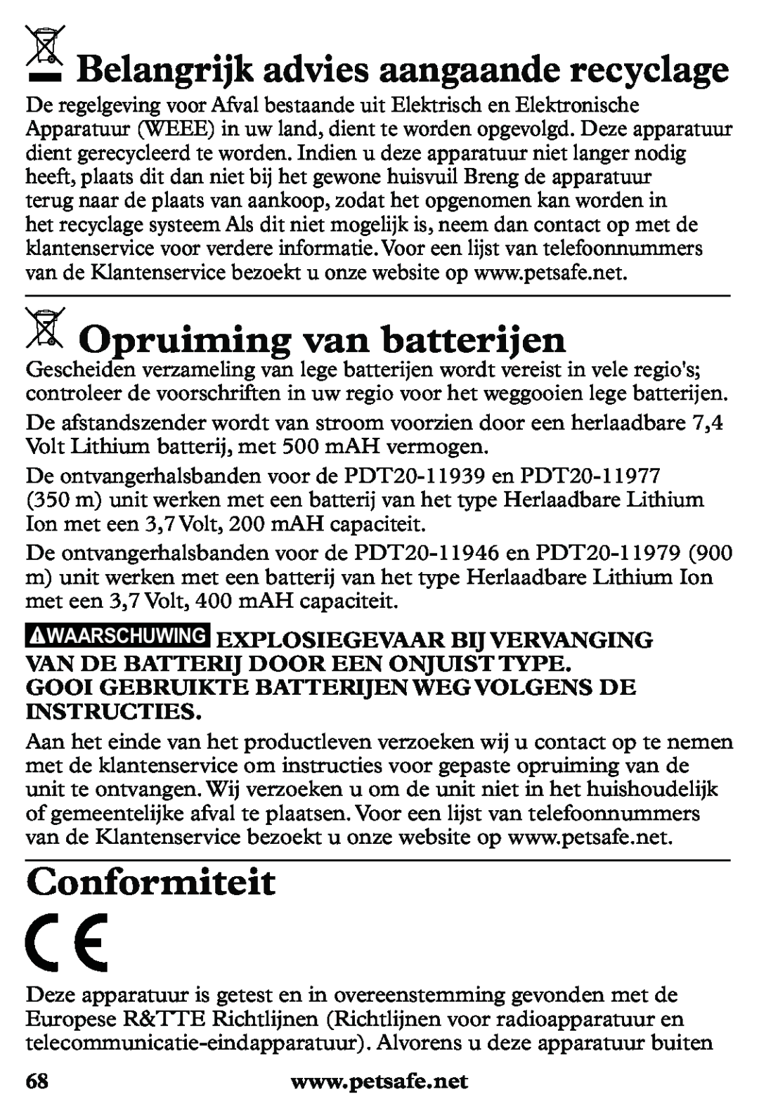 Petsafe PDT20-11939 manuel dutilisation Belangrijk advies aangaande recyclage, Opruiming van batterijen, Conformiteit 