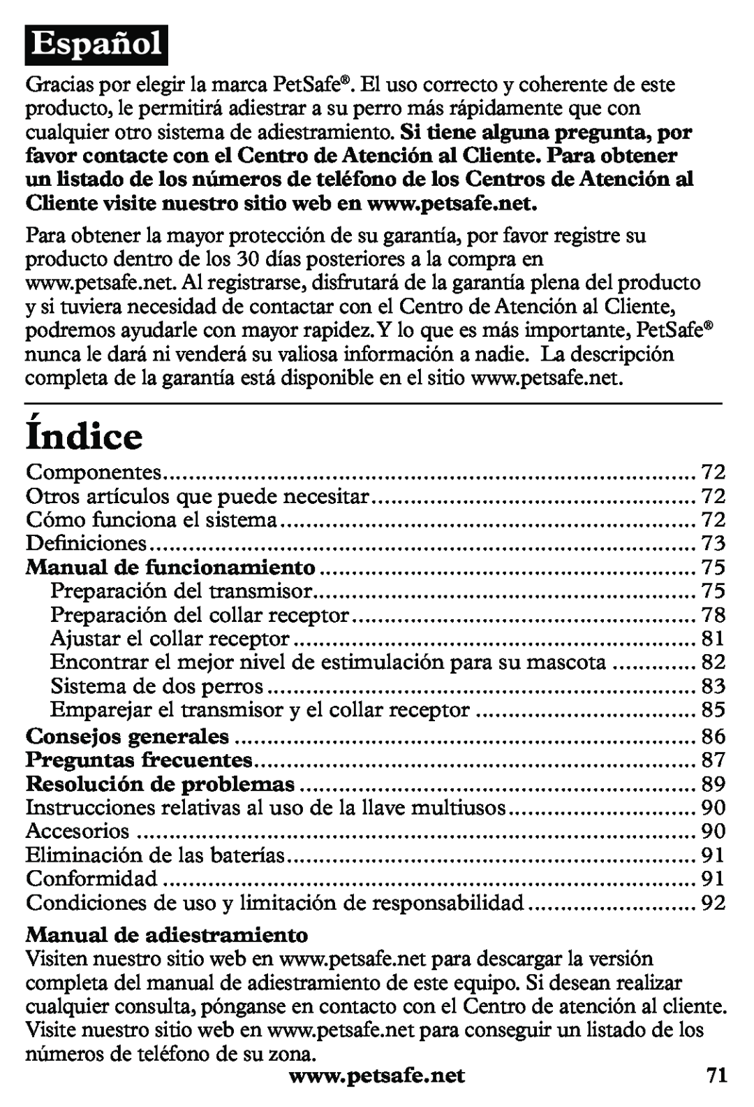 Petsafe PDT20-11939 manuel dutilisation Índice, Manual de adiestramiento 