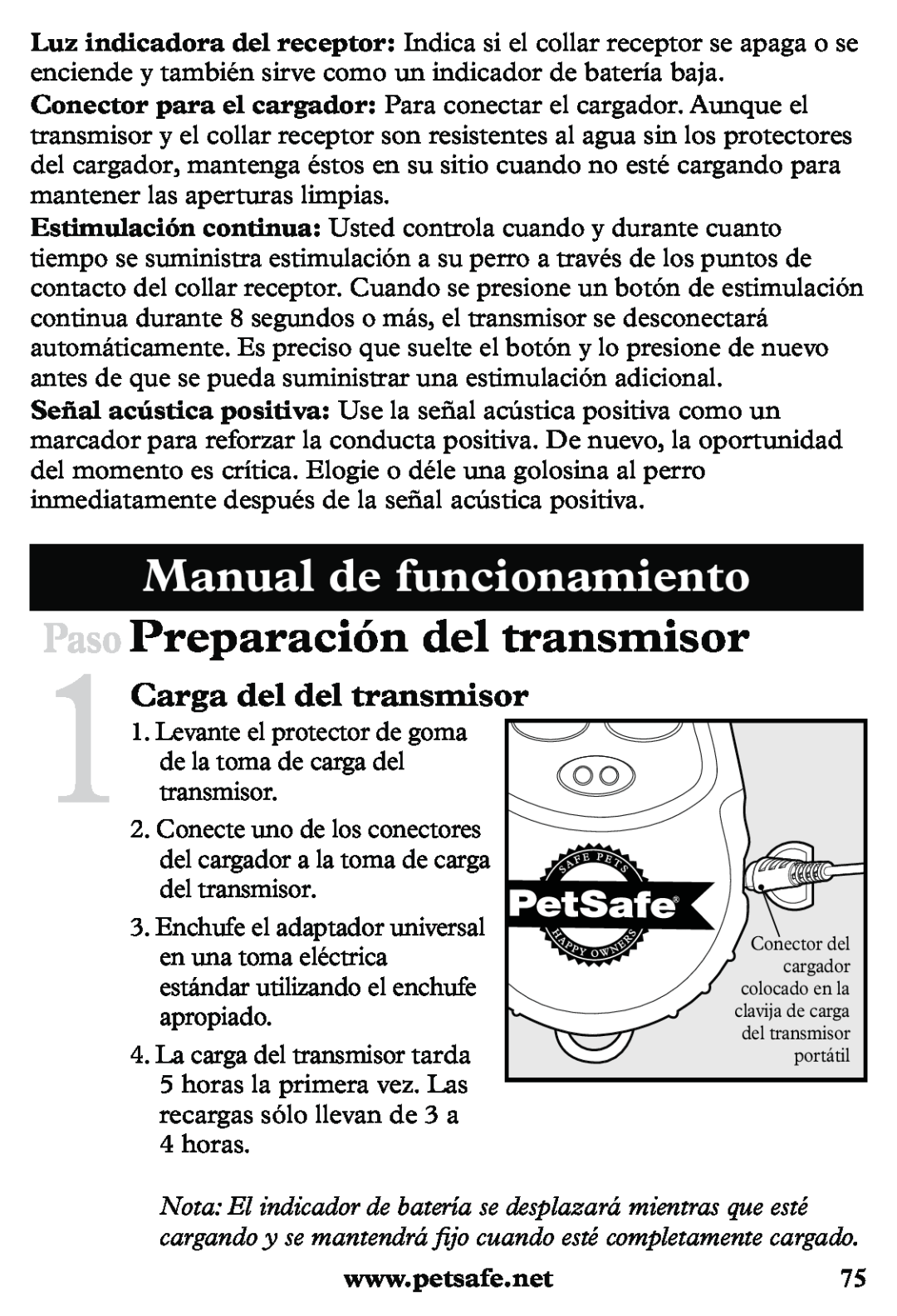 Petsafe PDT20-11939 Manual de funcionamiento, Paso Preparación del transmisor, 1Carga del del transmisor 