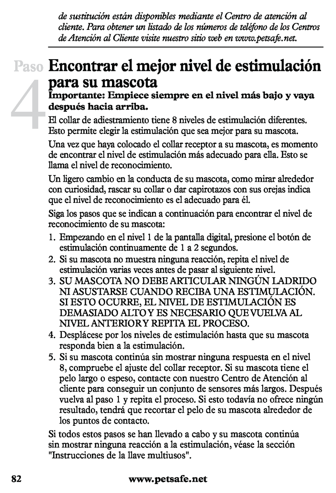 Petsafe PDT20-11939 manuel dutilisation Paso Encontrar el mejor nivel de estimulación para su mascota 