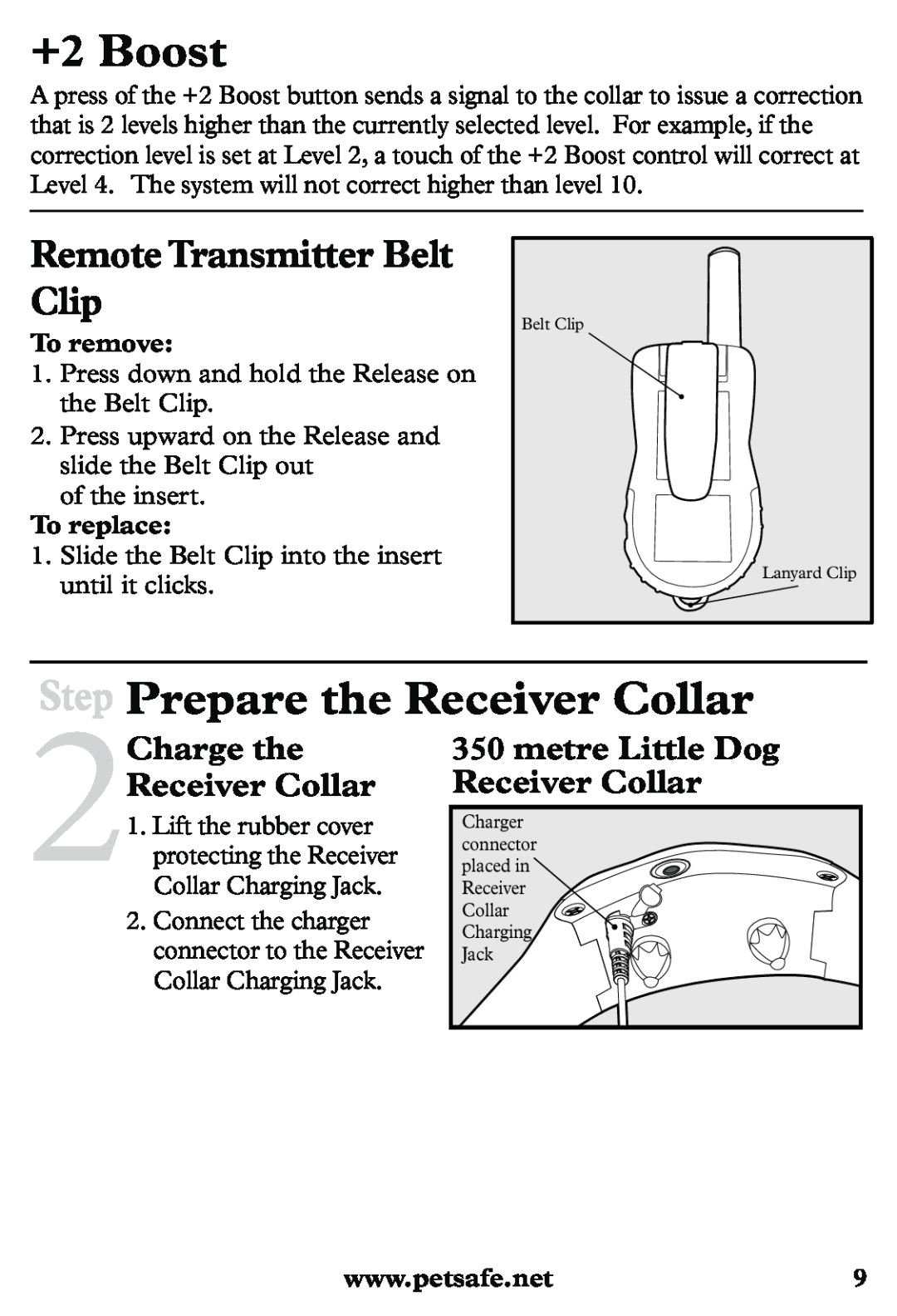 Petsafe PDT20-11939 +2 Boost, Step Prepare the Receiver Collar, Remote Transmitter Belt Clip, 2Charge the Receiver Collar 