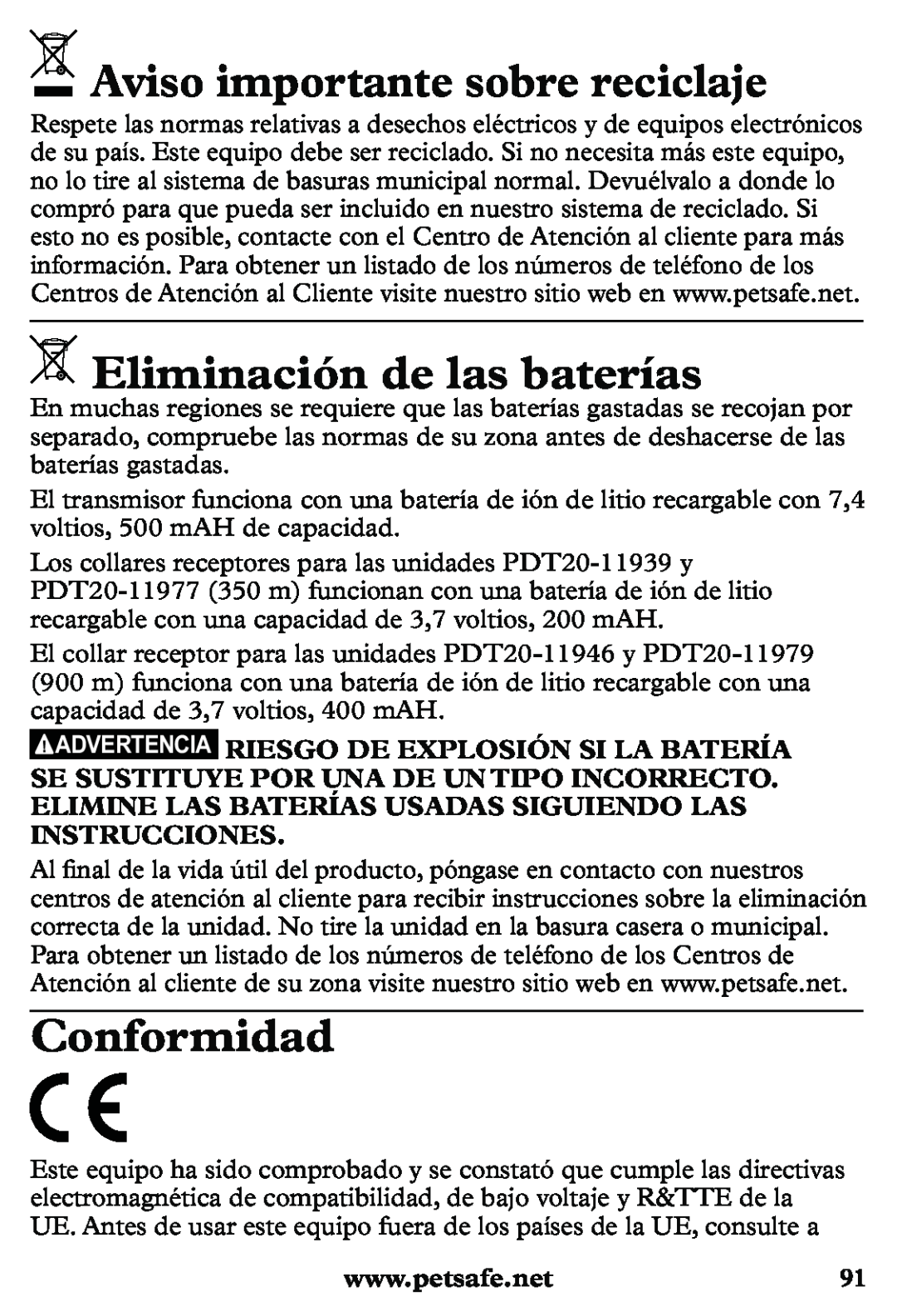 Petsafe PDT20-11939 manuel dutilisation Aviso importante sobre reciclaje, Eliminación de las baterías, Conformidad 