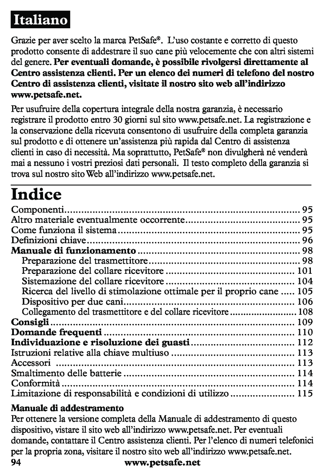 Petsafe PDT20-11939 manuel dutilisation Indice, Manuale di addestramento 