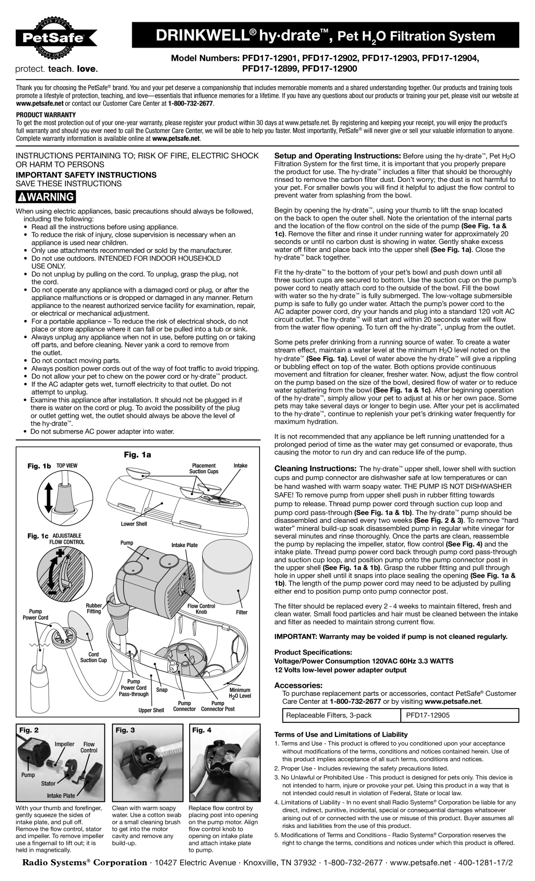 Petsafe PFD17-12904 warranty Drinkwell hy·drate, Pet H2O Filtration System, Important Safety Instructions, Accessories 